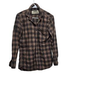 Knife Plaid Flannel Shirt Medium Brown Cotton Button Up
